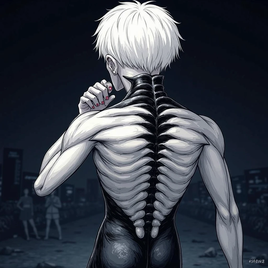 a man completely consumed by crimson roots of white hair with only one empty black eye looking at a corpse in an anime-style reddish desert planet setting