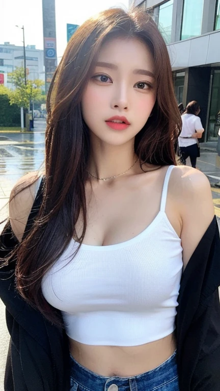 (Realistic, Photorealistic: 1.37), (Masterpiece, Best Quality: 1.2), (Ultra High Resolution: 1.2), (RAW Photo: 1.2, shots on Nikon), (Sharp Focus: 1.3), (Face Focus: 1.37), (Ultra Detailed CG Unified 8k Wallpaper: 1.2), (Beautiful Skin: 1.2), (pale Skin: 1.3), (Hyper Sharp Focus: 1.5), (Ultra Sharp Focus: 1.5), ( Beautiful pretty face: 1.3), (super detailed background, detail background: 1.3), break, very cute and beautiful Japan pictures of woman, (sexy model), professional attire, (22 years old: 1.1), portrait of a girl with a bright smile, upper body image, When viewed from the front, the composition is symmetrical, (Studio lighting: 1.3), (Cinematic lights: 1.3), (backlight: 1.3), dim lighting, lighting that covers the whole body, (looking straight at you, standing:1.3, arms down:1.3, random, model pose), break, (shiny-brown half up thin hair: 1.2), dark brown eyes, upturned eyes, beautiful eyes, princess eyes, ((brown hair:1.3)), single hair, bangs, Hair between eyes, Long hair, curby, abs, perfect abs, (gigantic-breast;1.37, big breast:1.37, big cleavage:1.37), (thin waist: 1.15), (detailed beautiful girl: 1.4), (bare shoulder, Chest squeezed together, View viewer, (blue camisole:1.3, black box-long-skirt:1.3, teacher fashion style, attractive look), Solo, Parted lips, pink lips, (shiny skin), sweat, (school room background:1.5), (light seductive smile:1.25), ((Perfect Female Body)), (Upper Body Image:1.3), Frame the Head, Perfect Anatomy, Perfect Proportions, 8.5 Life-Size, Face Focus, Ultra Realistic Photo, Hyper Sharp Image, Hyper Detail Image,