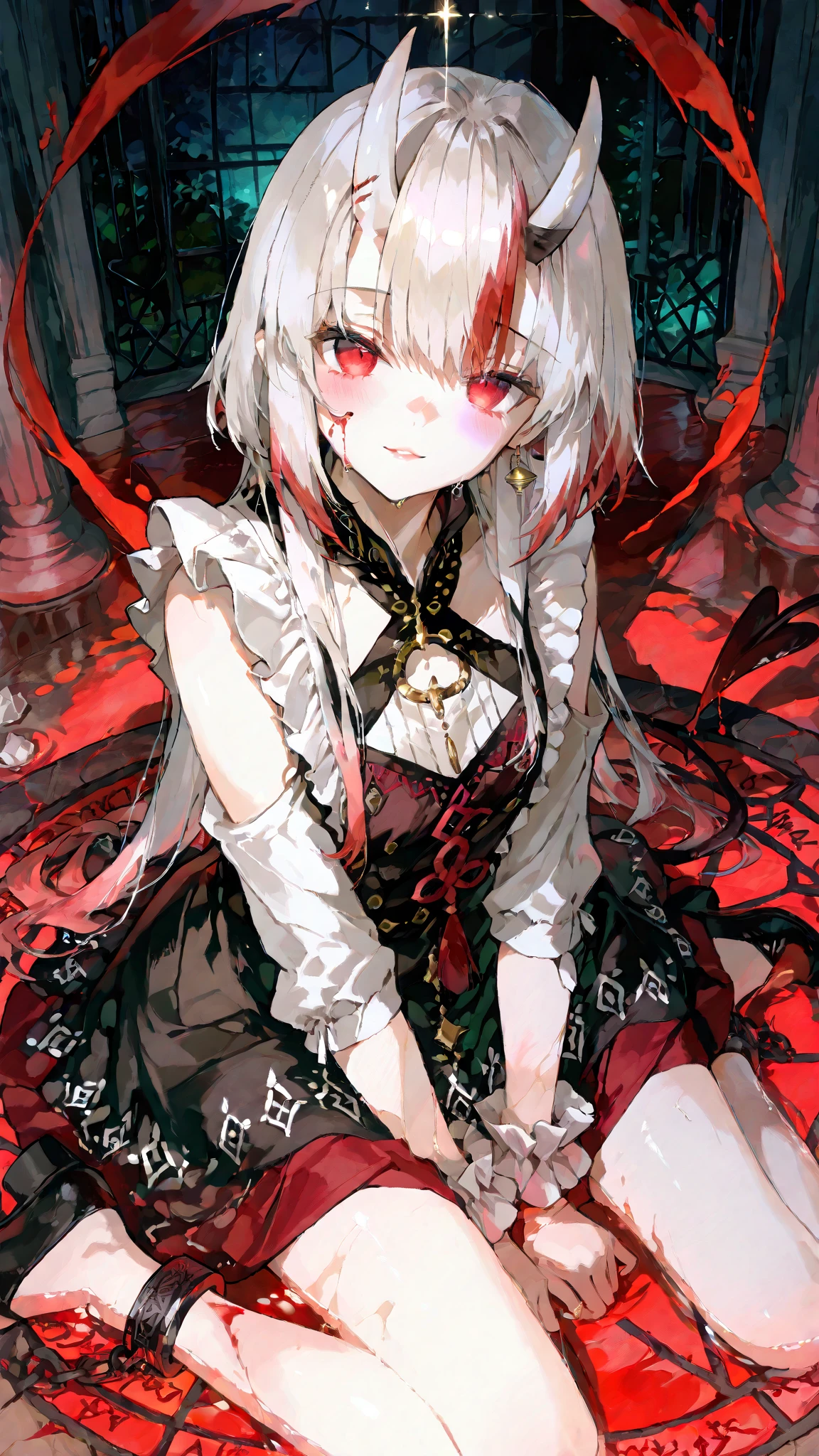 (((30-year-old male:1.5))),((Long black hair:1.2)),(pink and yellow eyes:1.2),((crimson、reddish black、Dark blood:1.5)),(((Chaotic, A dark and gloomy world:1.2))),((Face and body covered in blood:1.3)),((Luxurious silver hero armor:1.45)),((blank, There was a look of astonishment on his face:1.4)),((Excited face、blush:1.3),((Blood red tears flow from the eyes:1.4)),(Sitting sister:1.3),((high quality:1.3)),((Beautiful images:1.3)),((Perfect photo:1.3)),((Horror、Suspense、mystery:1.2)),Face close-up,((Head Down:1.4))