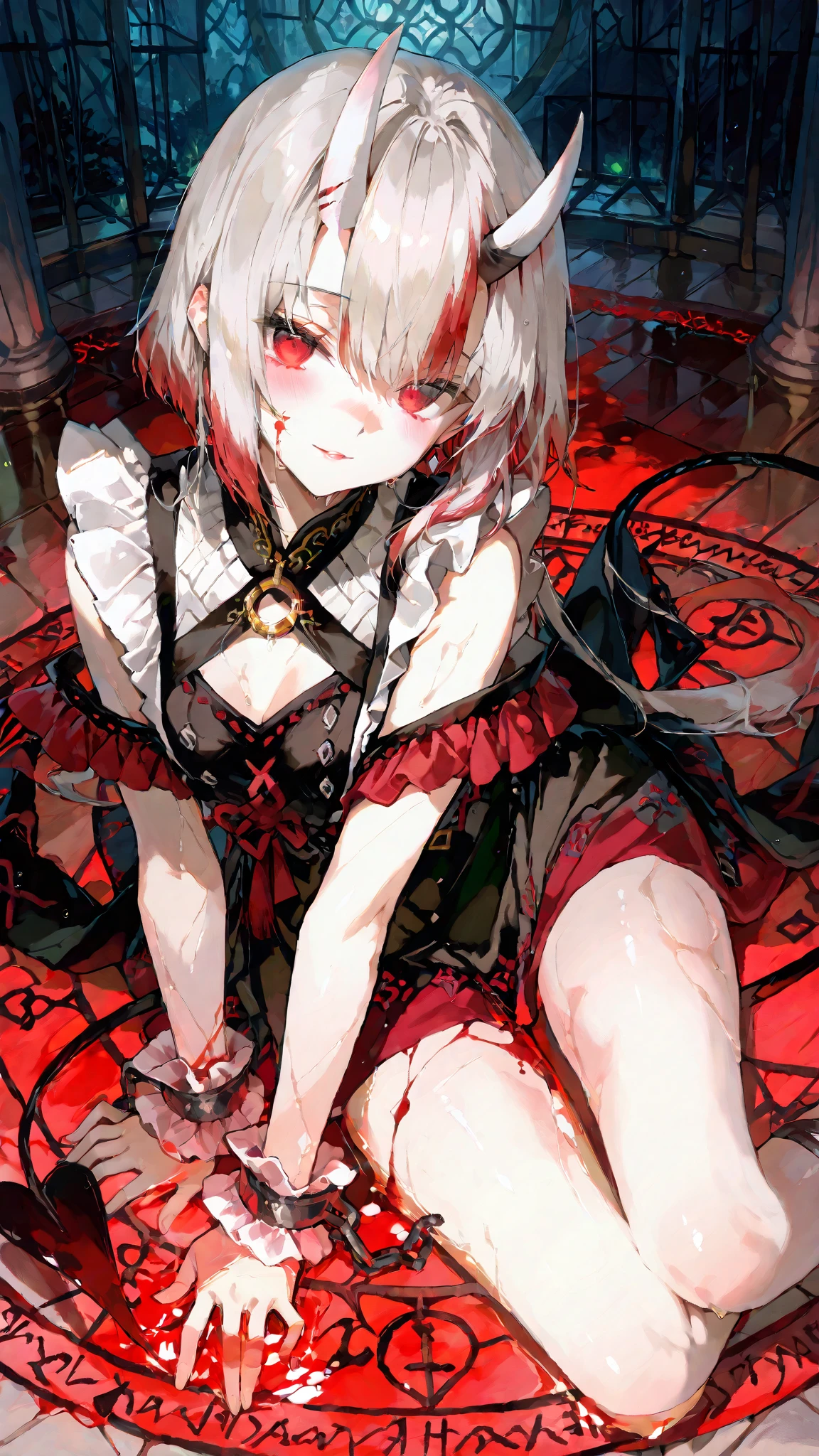 masterpiece, Highest quality, High resolution,(Highest quality,4K,High resolution,masterpiece:1.2),Very detailed,Realistic:1.37,masterpiece, Highest quality, Exquisitely crafted, woman, beautiful, elegant, smile, Blood, iridescent Long Hair, bangs, skirt, shirt, Long sleeve, Frills, shoes, (Red and Black:1.4), flower, spooky, Horror, 頭蓋Bones, Long Hair, Black Hair, Candles, Blood, hair flower, Dead, hair ornaments, Bone, doll, 頭蓋Bone, skeleton, Horror (theme),spooky altar background,Dark fantasy,Red color scheme,Ominous atmosphere,eyeを引く,Storytelling,anatomy,Anime Style,Concept Art,beautiful細部までこだわった顔と (((赤いeye ))),A terrifying ritual ,Satanic Ritual,Premature death,Misconduct,クレイジーなsmile,Scythe Face,Girl Monster, beautiful, Delicate facial features, 鋭いeye, Sharp Fangs, 青White skin, blonde,robot,Cursed Painting, Dark Background, Cinema Lighting, Dramatic Shadows, Gothic style, Gloomy atmosphere, Dark fantasy, One Girl, , Please open your mouth wide, Open your mouth and baring your teeth,Sharp teeth like a beast, Wide lips, very wide mouth, Vermilion cheeks, ,(Bloodしぶき:1.4),Scary smile, smile,Fallen angel design, ねじれたsmile、Bloodまみれの、頭からの出Blood,、Bloodしぶき、,(Bloodしぶき:1.4),Crossbones, 頭蓋Bone,Horror 一人の男の子, Cream colored hair, Gray Hair, Pearly hair, nice boy, Bunny ears, Loose-fitting clothing, Larger clothes, dark red eye, eyeの下のたるみ, dark circles under eye, やみcute, Fluffy hair, Voluminous Hair, skinny, slim, very skinny, Androgynous, cute, spooky, short hair, Horror, Faded colors, White skin, spooky, Unnaturally thin, I&#39;m hungry, eye, eye in background, sharp eye, Long eyelashes, Under the eyelashes, Loose shorts, レースshirt, Frillsshirt, Tie the ribbon&#39;head, Detailed clothing, A loose cardigan, Open cardigan, 滴るBlood, that&#39;terrible, nightmare, Haunted, stitch, patchwork, string, Injury, hell, Injury on arms, self-harm, cut, Black Fingers, factory, Abandoned, A dismembered ghost,Many heads,Many heads,Lots of faces,Multiple faces,Multiple Girls,Frolicking Girl,複数のwoman,tea ,クレイジーなsmile,look up,Face shot,Scythe Face,Girl Monster, slave,beautiful, Detailed portrait, Delicate facial features, 鋭いeye, Sharp Fangs, 青White skin, Thick chain, Dark Background, Cinema Lighting, Dramatic Shadows, Gothic style, Gloomy atmosphere, Dark fantasy, One Girl, , Please open your mouth wide, Open your mouth and baring your teeth,Sharp teeth like a beast, Wide lips, very wide mouth, Vermilion cheeks, ,(Bloodしぶき:1.6),Scary face, Laughter　Witch design, ねじれたsmile、Bloodまみれの、頭からの出Blood,,、Bloodしぶき、,(Bloodしぶき:1.6),Crossbones, 頭蓋Bone,　, Horrorスタイル, ((Fantasy Witch Costume)), ((Flowing white hair)), ,(Bloodしぶき:1.6),womanの曲線, Large Breasts, Thick thighs, Sexy flat stomach, Perfect hands, Perfect anime face, ((dark lolita dress)), Are standing, ((邪悪なsmile)), ,(Bloodしぶき:1.6),Victorian cities, gaslight, Steam circulates, Moonlight Illumination, night lighting, A sky filled with stars and galaxies,disaster々new devil horns,,(Bloodしぶき:1.6),アニメゾンビWitch design, ねじれたsmile、Bloodまみれの、頭からの出Blood,,、Bloodしぶき、,(Bloodしぶき:1.6),Crossbones, 頭蓋Bone,,Photo Background,Wide Shot,Scythe Face,Girl Monster, slave,beautiful, Detailed portrait, Delicate facial features, 鋭いeye, Sharp Fangs, 青White skin, Thick chain, Dark Background, Cinema Lighting, Dramatic Shadows, Gothic style, Gloomy atmosphere, Dark fantasy, One Girl, , Please open your mouth wide, Open your mouth and baring your teeth,Sharp teeth like a beast, Wide lips, very wide mouth, Vermilion cheeks, ,(Bloodしぶき:1.6),Scary face, Laughter　Witch design, ねじれたsmile、Bloodまみれの、頭からの出Blood,,、Bloodしぶき、,(Bloodしぶき:1.6),Crossbones, 頭蓋Bone,　, Horrorスタイル,