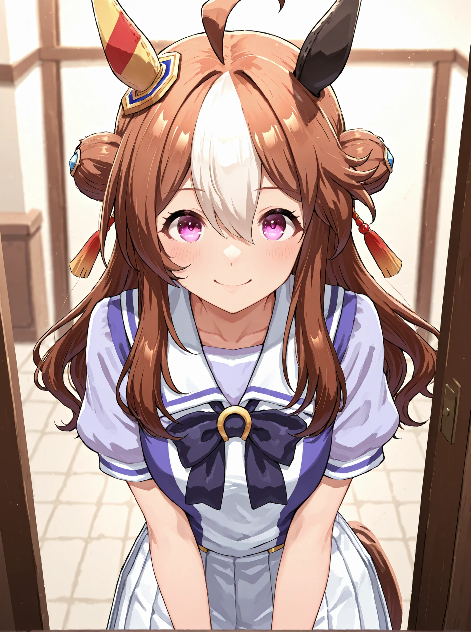 score_core_8_up、score_7_up、Rating_Safety、masterpiece、top quality、very high resolution、Kopanolicky(Uma Musume)、1 girl、horse years、Jirio Mahonoji、asymmetrical earmuffs、tassel hair ornament、 Torresen Academy uniform、Sailor Color、purple shirt、Sailor Shirt、purple bow tie、Short sleeve、purple pleated skirt、White Ruffles、upper body、Lean forward。