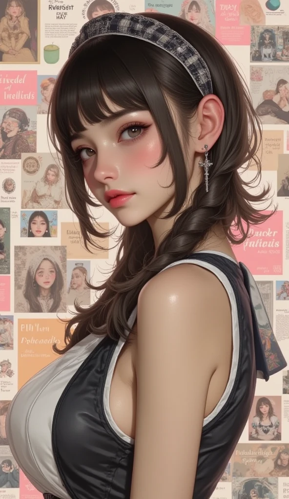 masterpiece of Collage art, cute Japanese Idol girl in profile, white skin,fit body,perfect face,flashy makeup, huge earrings, necklace, Waist shot, translucent dress, magazine clipping and advertisement, billboard, hair ornament composed of newspaper clippings, word “ART” made from magazine clippings, abstract Collage background