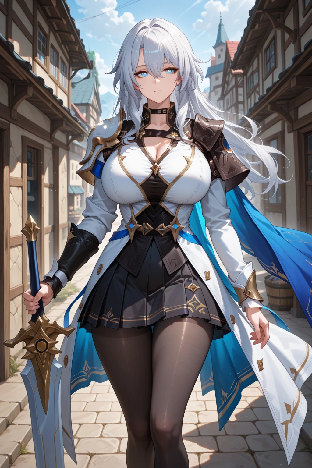 4k,High resolution,One Woman,Blue Hair,long hair,Big Breasts,knight,White knight outfit,White boots,White gloves,White hair band,Jewelry decoration,Long sword,Medieval castle town