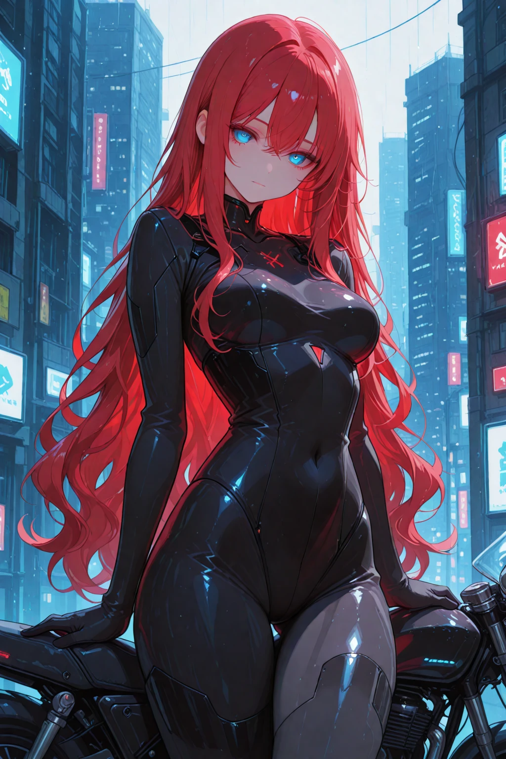 Masterpiece , a woman , very long red hair , Blue eyes , earring , perfect body , ( Technical clothing:1.2) , cyberpunk , future , modern , in cyberpunk city, a slight smile , delicate face ,, , (8k, Best quality 1.2), extremely detailed, 8K uhd,, soft lighting, high quality, grano de la Movie, beautiful lights,, (Movie:1.4) ,perfect body , Optimal lighting, the best shadow, more acute, Compared, a background of destroyed city with toxic environment, cyberpunk world.