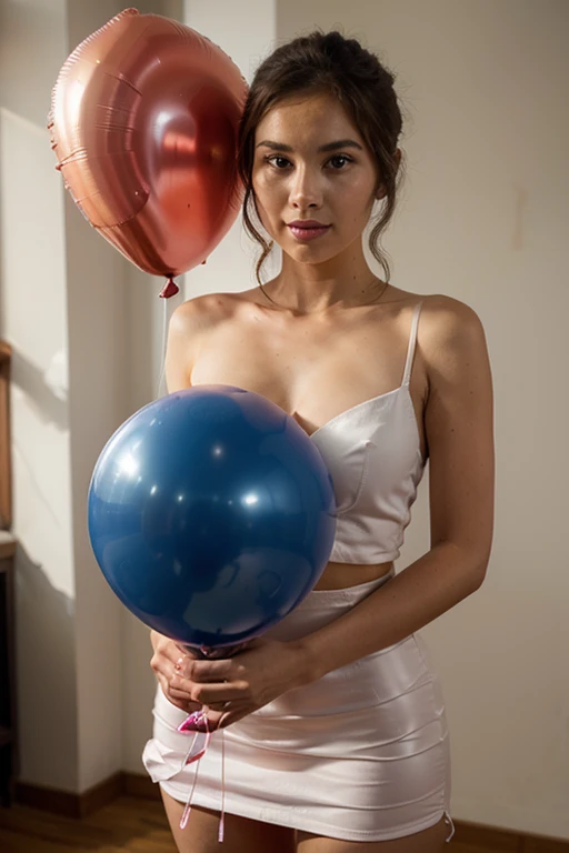 Lily Collins covered in candy and balloons all over her naked body and smiling