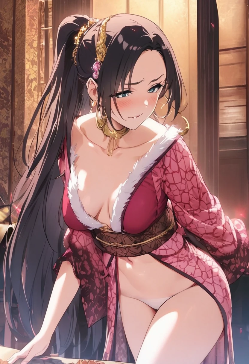 boa hancock, une pièce, yeux bleus, cheveux longs,chef-d&#39;artwork, best quality, anatomie parfaite, beau fond, beau visage, beaux yeux, tout le corps, 1fille, Seulement, Souriant, sexy, gros seins, Cheveux noirs, lying on the bed,hanche large, legs crossed, gros plan des seins, on the side, regarder le spectateur