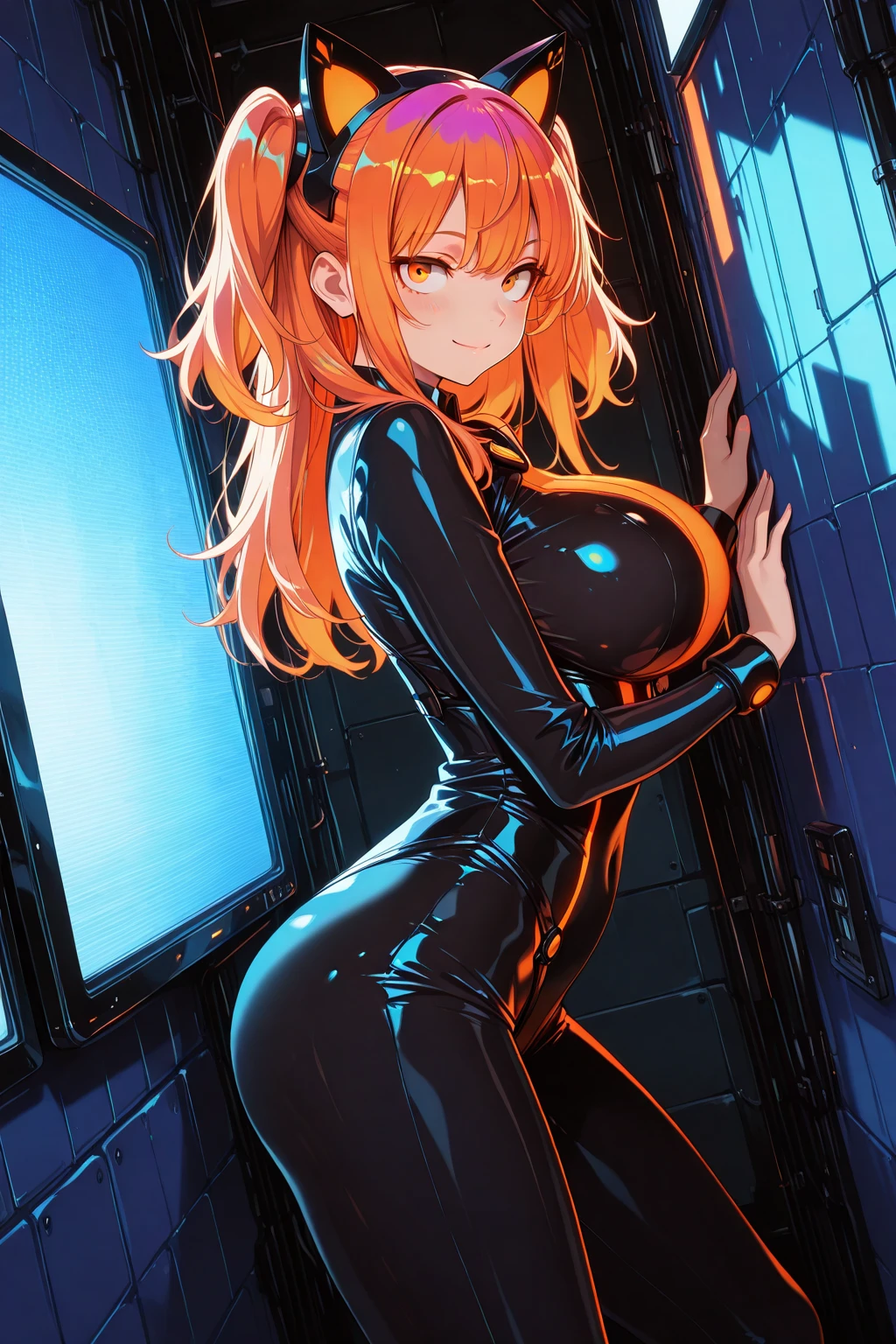 {1girl in},{{{{{masutepiece++, Best Quality++, Ultra-detailed+, 超A high resolution,(Photorealistic:1.4),Raw photo,(Nami)+,(Nami)+,(One Piece NAMI)+,(Onepiece),Orange hair, Girl in black latex full body suit,very aesthetic, Best Quality, absurderes, 1girl in, Brainwashed,}}}}}, ((purple glowing eyes 1.3)), (huge-breasted:1.2)deadpan, laboratory, Darkness Room, (Neon light:1.2), (Night:1.5), stand up and salute