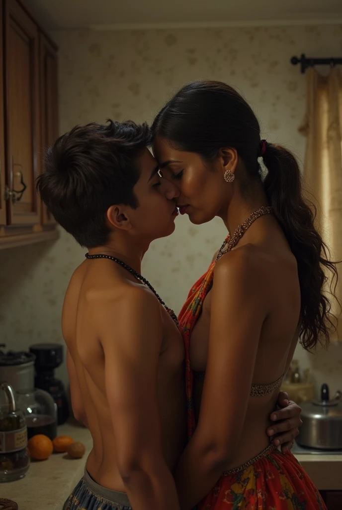 An Indian guy wearing coat pant kissing a naked Indian girl bottomless ???????