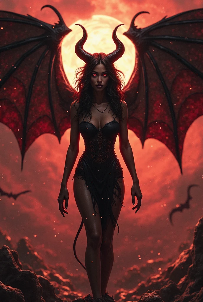 A hot succubus demon woman with large breasts on the cover of a heavy metal album. Her breasts are bigger than her head and she wears tight leather athletic wear.