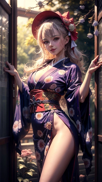 arafed woman in a kimono with flowers on her head,big chest, beautiful digital artwork, beautiful digital illustration, beautiful digital painting, gorgeous digital painting, anime girl render, smooth anime cg art, beautiful digital art, great digital art.