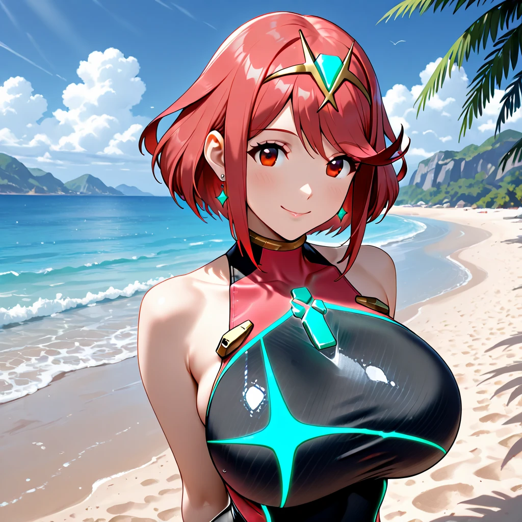 (masterpiece:1.2, best quality), 1lady, solo, upper body, huge breasts, (latex skin, selfie:1.15), (face focus:1.2), completely nude, breasts and vagina exposed,(darkskin:1.15), beach, (red hair, longhair), round earrings,