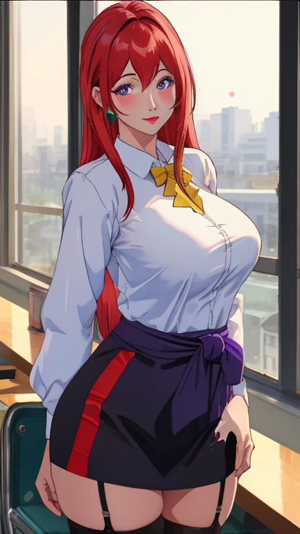 (masterpiece, best quality, high quality:1.4), Professional artwork, Intricate details, vision, Clear focus, Detailed, movie lighting, Popular on Pixiv, (vivid lights, Vibrant colors, author:Nagasawa Rose:1.05),
Hiroko Takagi, (Mature women, :1.2), (40 years old:1.1), (curved:1.15), Place your hands on your waist, classroom, window, (Cowboy shooting:1.1), close up, looking at the audience,
(Red hair:1.05), long hair, lipstick, cosmetic, Super detailed hair, Ultra-fine face, (Purple Eyes:1.05), Perfect eyes, Perfect face, earrings, (Hitting on someone, blush:1.2),
(White shirt, Purple Jacket:1.1), (Black over-the-knee stockings, Garter belt:1.1), (Absolutely great opportunity:0.8), Pencil Skirt, ,
(((Full breasts,)))(((Large Breasts))) (((Cleavage))),), Big Ass, thigh,