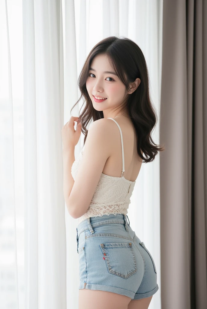 (4 k、top-quality)、(realisitic、Photorealsitic)、(Yakian)、 1girl in、solo、fullllbody、 perfect hand、up looking_in_the viewer、in a house、natta、finerly detailed face、Slightly chubby、The best smile、Long Afro without bangs hair,,(super gigantic breast, Wearing White Plain bras、cleavage:1.2),(underwear:1.3),(stockings), (Cameltoe),21 year old、Panty、Nogizaka Idol、actress、Korean Idol、hposing Gravure Idol,place one's arms behind one's back,raise both arm,(Aside)、Model Standing