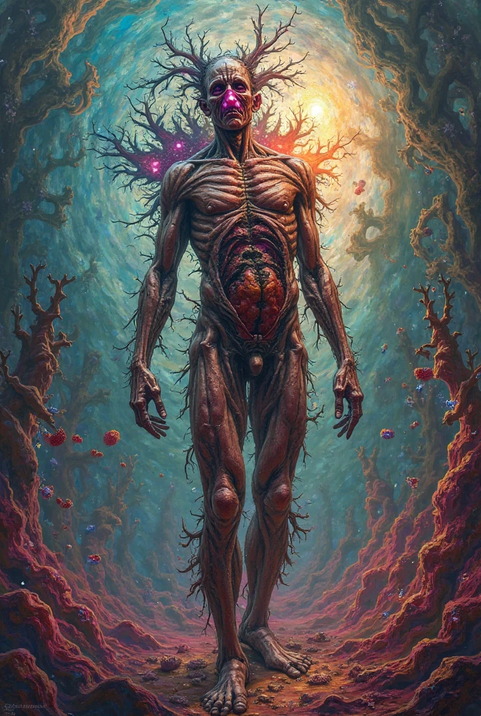 Reinterpretation of the Vitruvian Man with purple colors