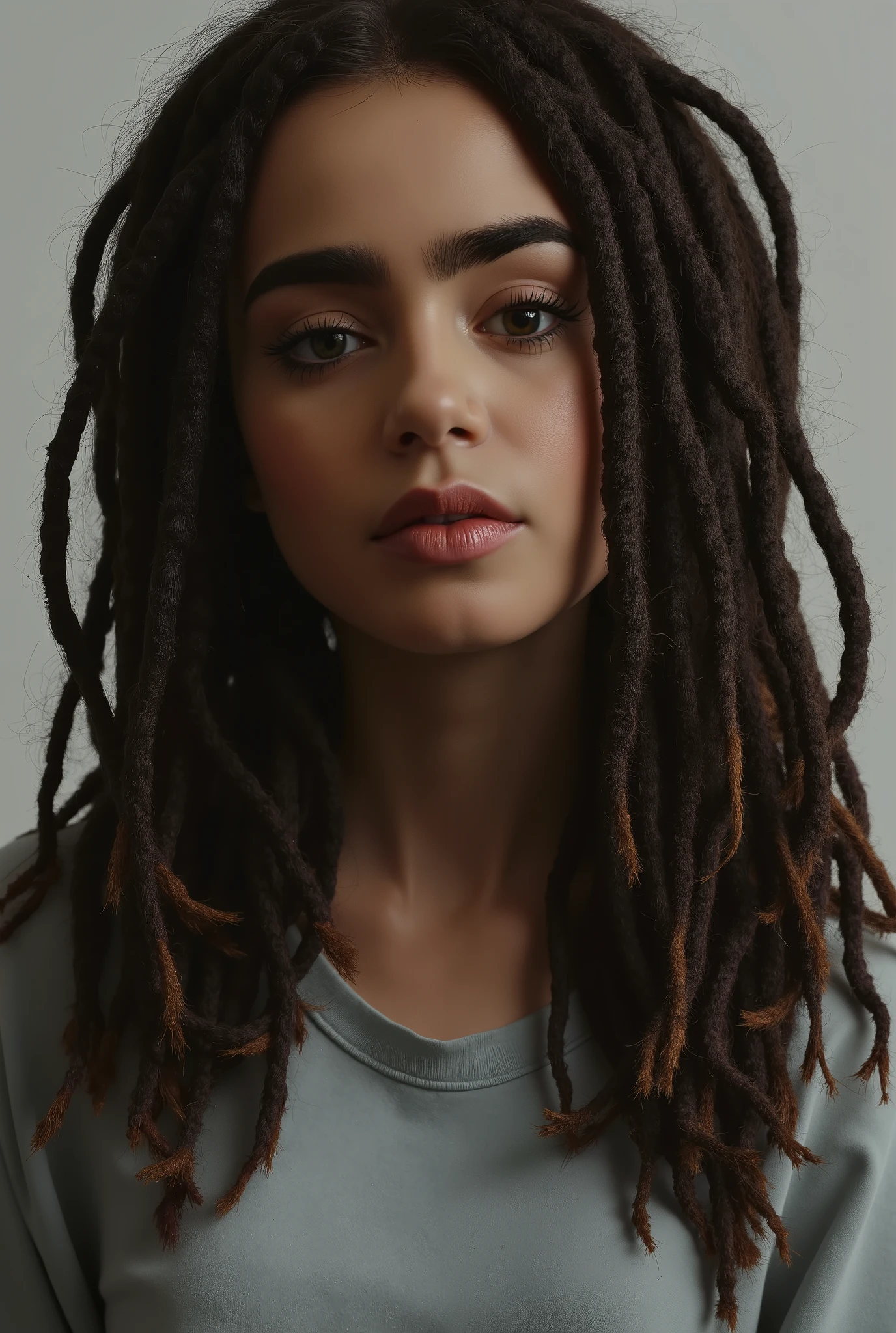 obra-prima,best quality,ultra_detalhado, lindos dreadlocks ,1 menina, sozinho, meio corpo, wearing gray t-shirt