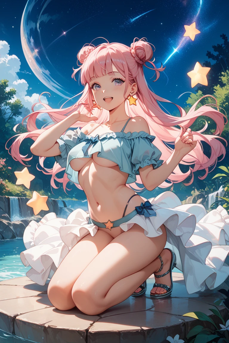NSFW, ((masterpiece, best quality, extremely detailed, absurdres)), anime style, 1girl, cute, moe, She wears clear glasses and a cold mask, pink hair, white flower hair accessory, cute girl, Braided short cut, one-piece pie with hand, loves milky pie, soft lighting, detailed face, pastel colors, outdoors (background is paradise galaxy:1.3), sunlight, floral elements, moe anime charactor, --1girl, --cute, --moe, --pink hair, --milky pie, --one-piece pie, --glasses, --cold Mask,--anime charactor, --paradise galaxy, --sexy