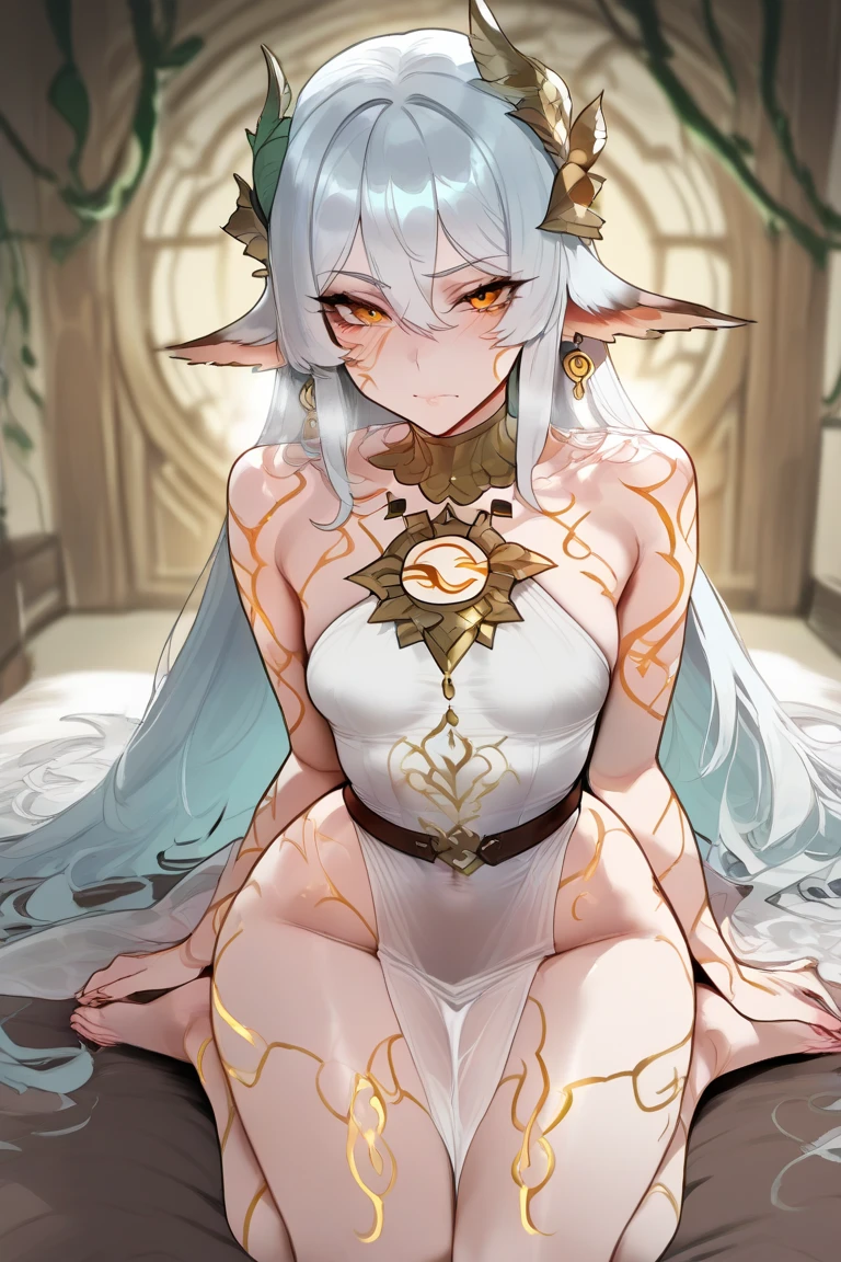 1 girl,White hair,colored eyelashes,deep eyes,skin-covered horns,deepcolor,big breast, colored eyelashes, alternate eye color,breast curtain,masterpiece, best quality,very aesthetic,absurdres,inner boob,chair,sitting_on_throne,nsfw,looking at viewer, 1 girl,White hair,White eyes,deep eyes,Introvert,very aesthetic, absurdres,looking at viewer,Whitesilver,shiny, midnight midnight 