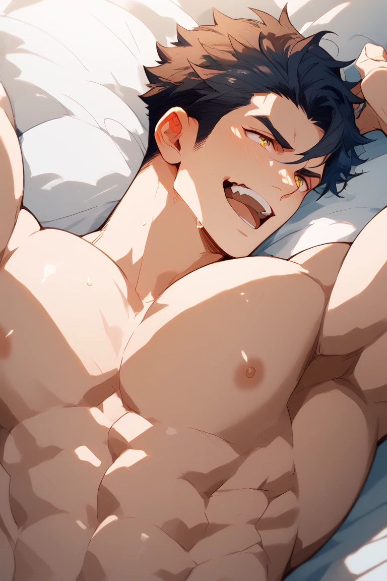 *muscular man is in his body, he is up and shirtless, only in black shorts, he raises his arm and shows his stinky armpit, very very very hairy, they also have a lot of hair on their chest and armpits, muscular arms and a sweaty body, black hair, their room is messy. The bed is unmade and his underwear is sweaty on the floor, a tanned man shows stinky and very hairy armpits, but more hairy armpits that are too hairy and his chest is also very hairy. a little and very sweaty and stinky very hairy armpits too hairy and stinky hair from his shorts to his shoulder a lot of hair on his chest too hairy and stinky and sweaty 