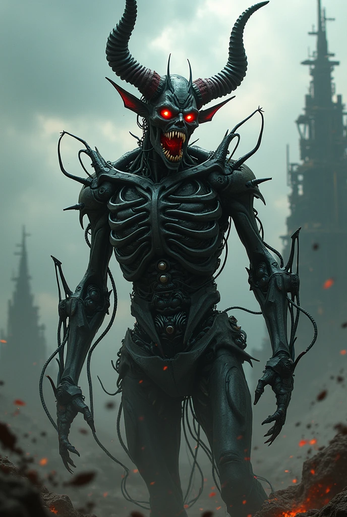 Create a demon of 3,50 m, with pale skin, red horns, black eyes, MACABRO, grim, which, by the way, inhabits Chernobyl reactor 4 and has a deformed humanoid shape.