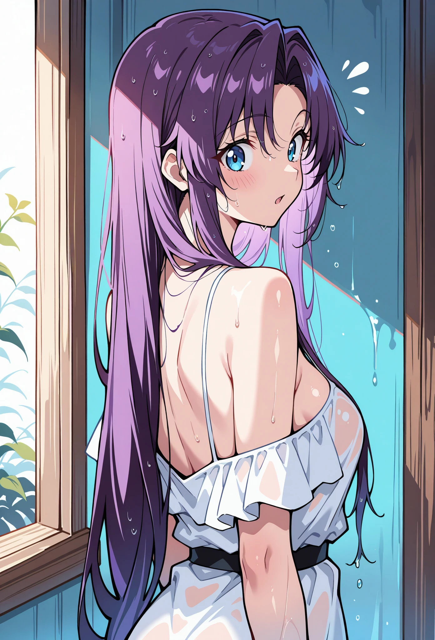 ((hitagisenjougahara)), One girl, alone, Long Hair,(((shower room))), View Viewer, blue eyes,(((White bra、White panties))), Are standing, Purple Hair, ((Senjougahara Hitagi))
