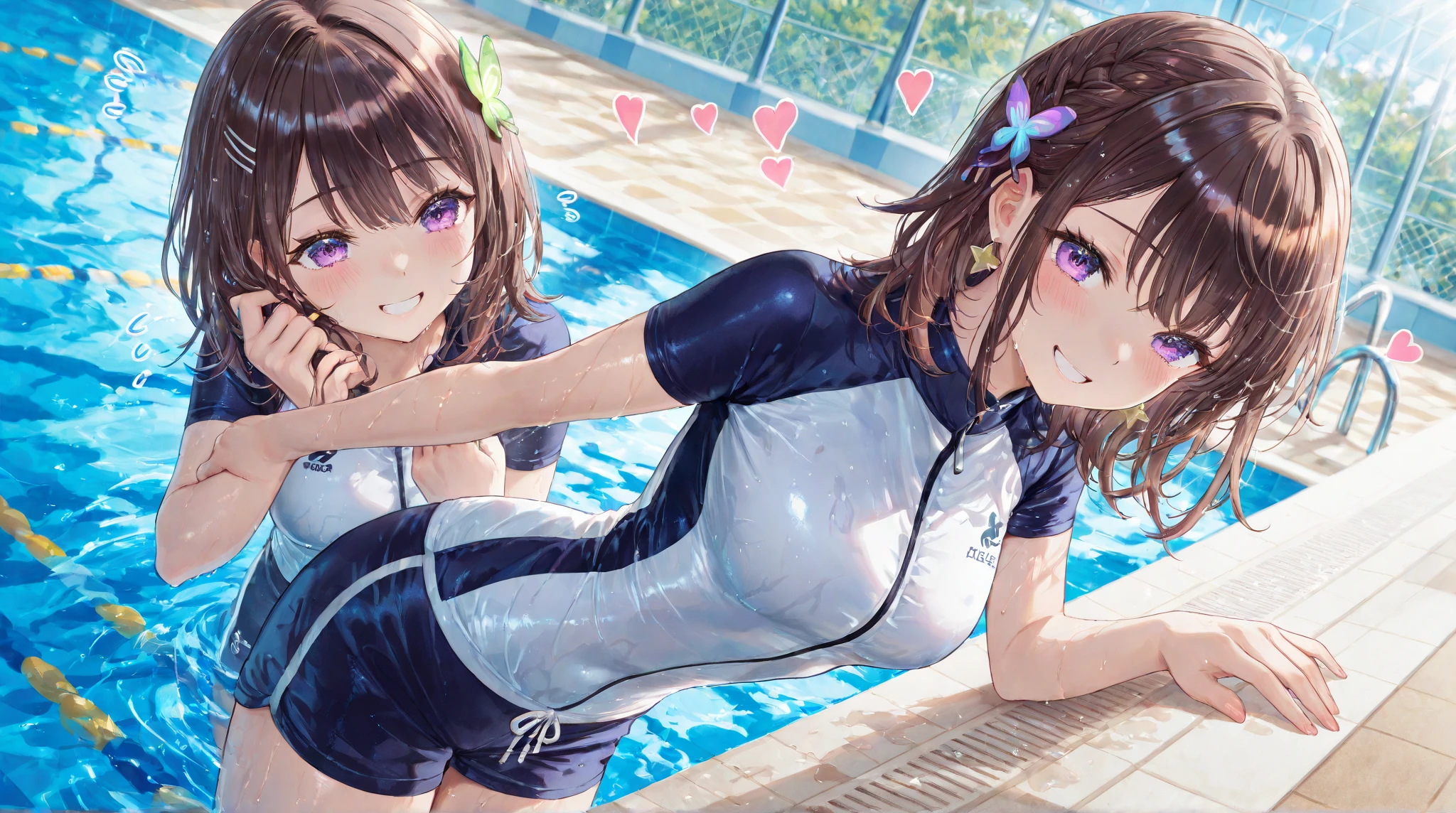 2girls, tiny girl, young girl, mesugaki, mesugaki smile, tidy, yoing lady, long hair, Black hair, short cut, school swim suit, color, small breasts, big ass, thick thighs, Teasing, naughty looks, heart eyes, Lower arm, Focus on the girl, glossly skin, oily skin, Gravure, pinup, junior idols, image video, fellatio gestures, tongue sticking out, Drooling, milk, Close up of face, bust up, Masterpiece:2, Top Quality, high Quality, Very Detailed, ultra  High Resolution, super High Resolution, Beautiful Detail, Dynamic angles, perfect lighting, 8k, Animation Style, cartoon style, game cg, 