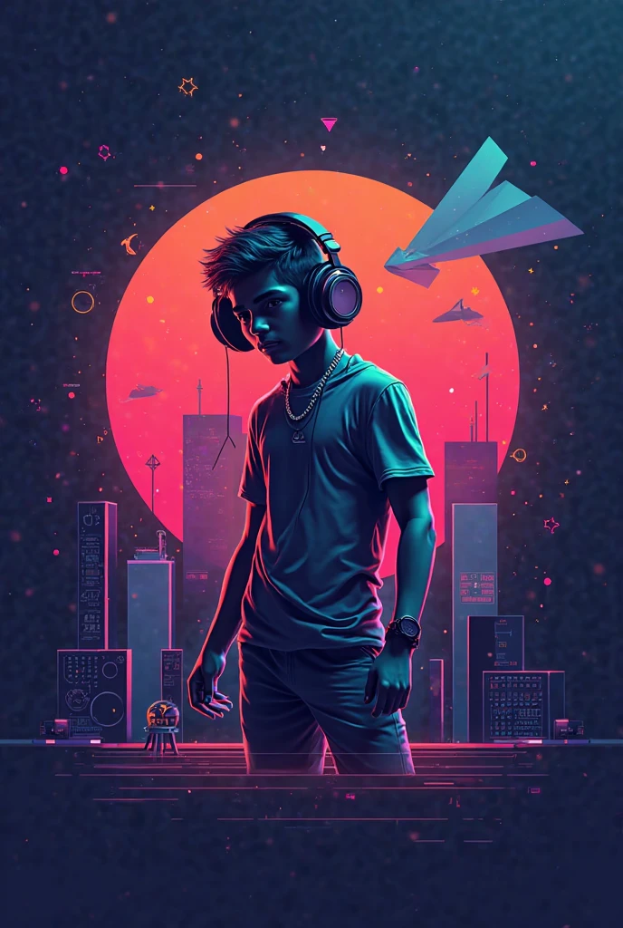 (nvinkpunk:1.2)、(SNTHWVE STYLE:0.8)、DJ Eagle has intricate, highly detailed plumage and textured plumage.、Wearing headphones decorated with glowing neon lights、Soaring against the backdrop of a wave-like landscape illuminated by the sunset.、A pattern of light waves flickers across the sky。