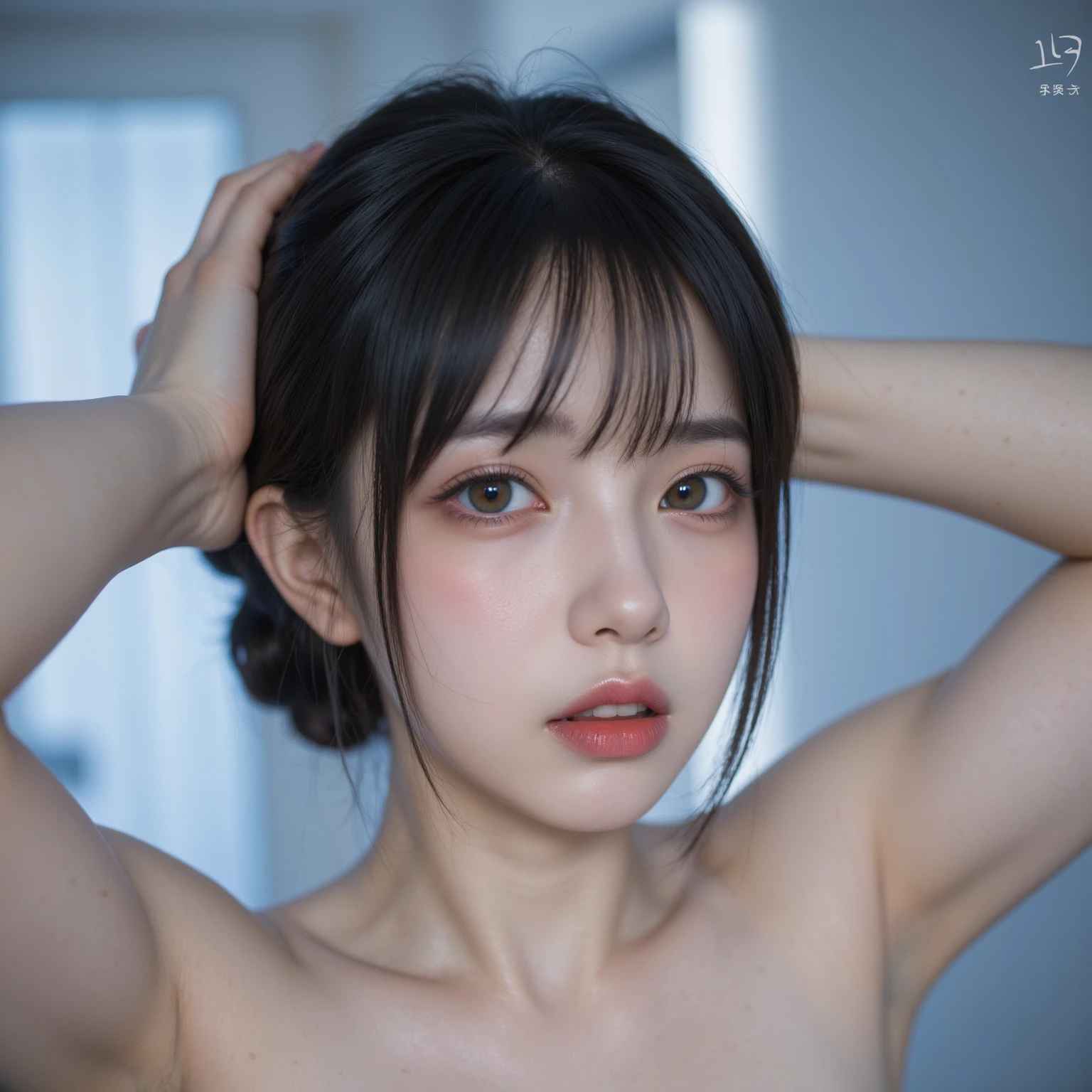 Highest quality, masterpiece, Ultra-high resolution, (Realistic: 1.4), RAW Photos, 1 Girl, Shiny skin, (Ultra-Realistic Details)), Portraiture, Global Illumination, Shadow, Octane Rendering, 8k, Ultra Sharp, big, South Korea details, Very intricate detail, Realistic Light, CGSoation Trend, Purple eyes, Glowing Eyes, To the camera, Neon Details,(Lighting on face:1.5)),((Delicately depicting the face:1.2)),((multicolored hair colors:1.4)),((Pixie Cut:1.2),(((Completely naked))),(((nsfw))),(Bodybuilding Championship Winner),((whole body muscular:1.2)),((Girl with a toned body:1.2)),((A girl with amazing abs:1.2)),