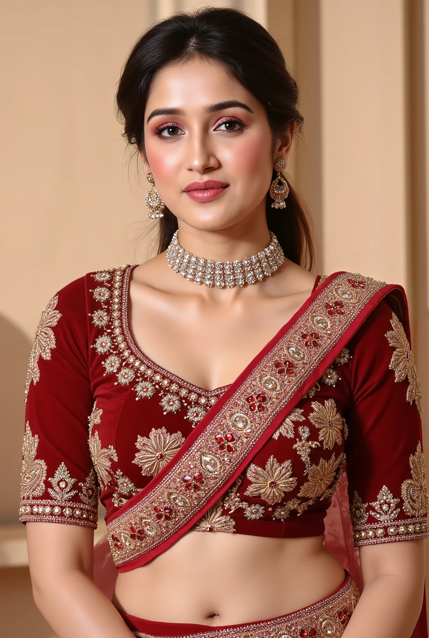 A traditional Indian bridal look with a woman wearing a heavily embroidered deep red lehenga choli. The blouse is rich in golden thread work with intricate floral and ornamental patterns, featuring fine embellishments and detailed craftsmanship. She is draped in a matching red dupatta with delicate embroidery along the borders. The jewelry includes a grand, ornate choker necklace studded with red and white stones, heavy matching earrings, and elegant bangles. The lighting is soft and natural, highlighting the richness of the fabric and the shimmer of the embroidery. The background is minimalistic with a soft beige tone, creating a warm and royal atmosphere. High-resolution, ultra-realistic, rich colors, traditional Indian bridal attire with luxury details and seed number is 676509059