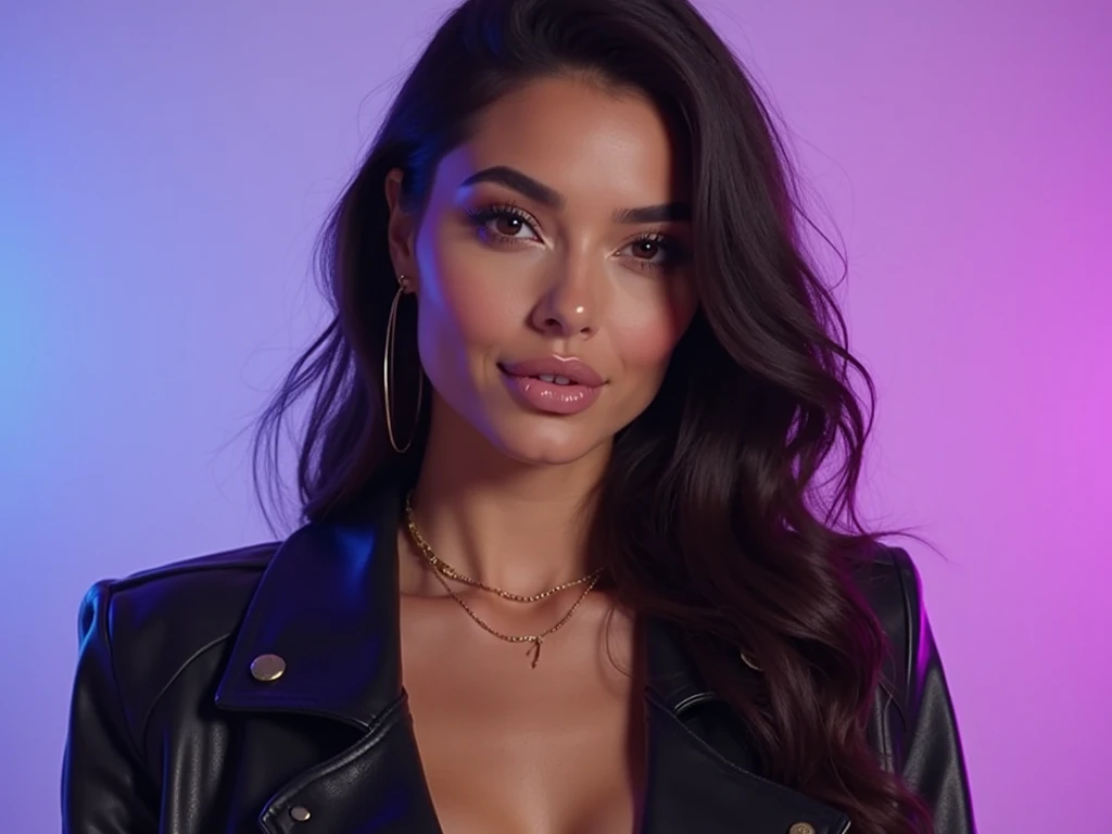 A photoreal close up of a stunning 28-year-old Latina model looking up to the sky, straight black hair, and striking [grey eyes]. Facing straight to the camera. Her beautiful lips with purple lipstick accentuate her wheatish skin with light brown tone highlights. Dressed in a chic black top, the image should be full body shot, 8k hdr, high detailed, and focused on capturing her mesmerizing beauty, soft day lighting.