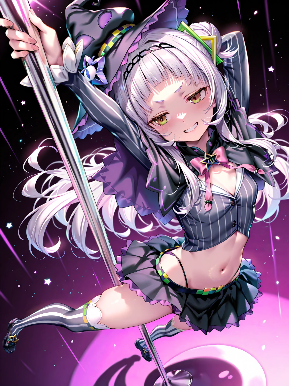 Draw a face carefully High quality anime style faces Shiny skin、Fallen into evil、 Small Ass、Black and purple leotard with red trim Fishnet tights Succubus Lure (((Wicked Smile))) Photo from behind、turn around、Loose twin tails、Wavy Hair、、City of night