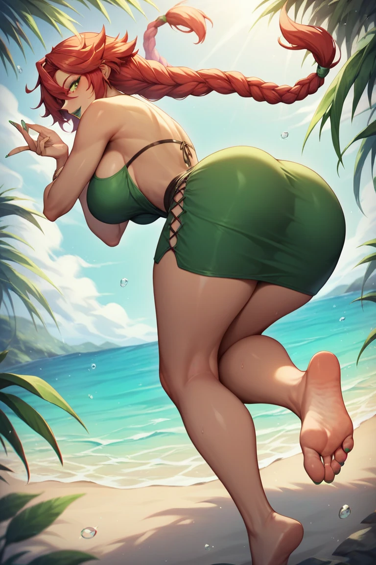 1girl full body standing, nice ass, Hairstyle with a braid, white colored hair, Yellow eyes, perfect lighting, muscular, thights, Mature woman, mummy, bellybutton, Abs, looks at the viewer, Extremely huge breasts, Maternal, porcelain skin, extra very long hair, sparkly skin, good face, chest cover, lusftful smirking smile face red blushed