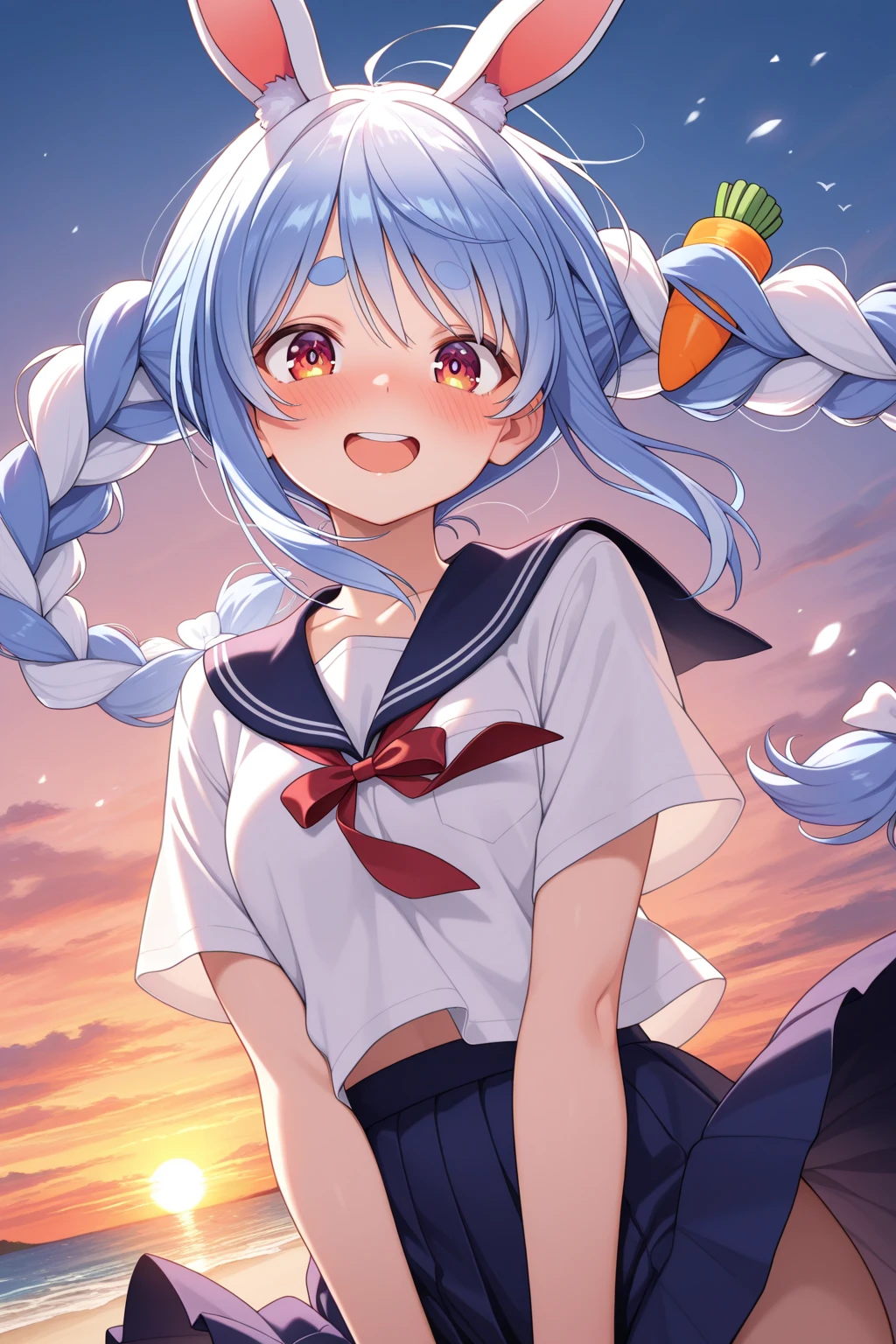 Light blue long hair、Twin-tailed Girl、Sailor suit、Chocolate coated stick snacks、A delicious looking face、