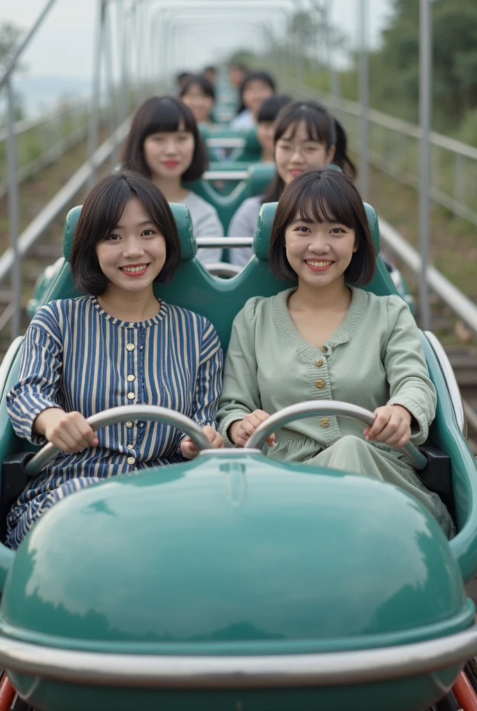 Five students ride a roller coaster，The expression is exaggerated