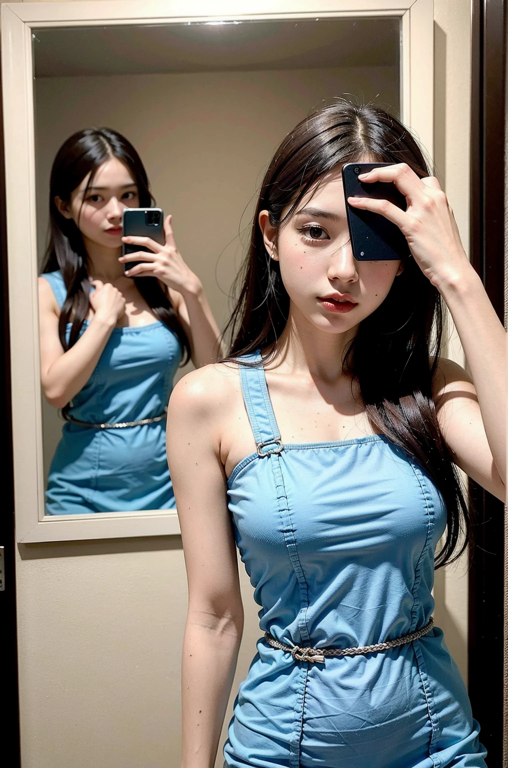 There is a woman taking a selfie in the mirror, opening the V-corset, feminine, shallow half-open dress, dress, open dress. Fashionable, small waist, short skirt, 18 year old female model, extremely high quality, bandeau dress, HD picture quality