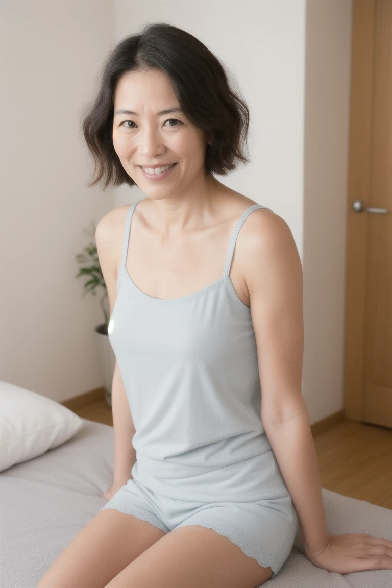 ((最high quality, 8k, masterpiece: 1.3)), (close:0.75), Realistic, Sharp focus, high quality, High resolution, Portraiture, Portraiture, 1 Japan beauties, Middle-aged women, clear, 43 years old, Small breasts, (Wearing a thin tank top and white panties), ((Light from the gap in the locker)), smile, Short wavy hair, Wrinkles around the eyes, ((Showing white panties:1.1)), Crumpled tissue, stand, office, Darklocker,