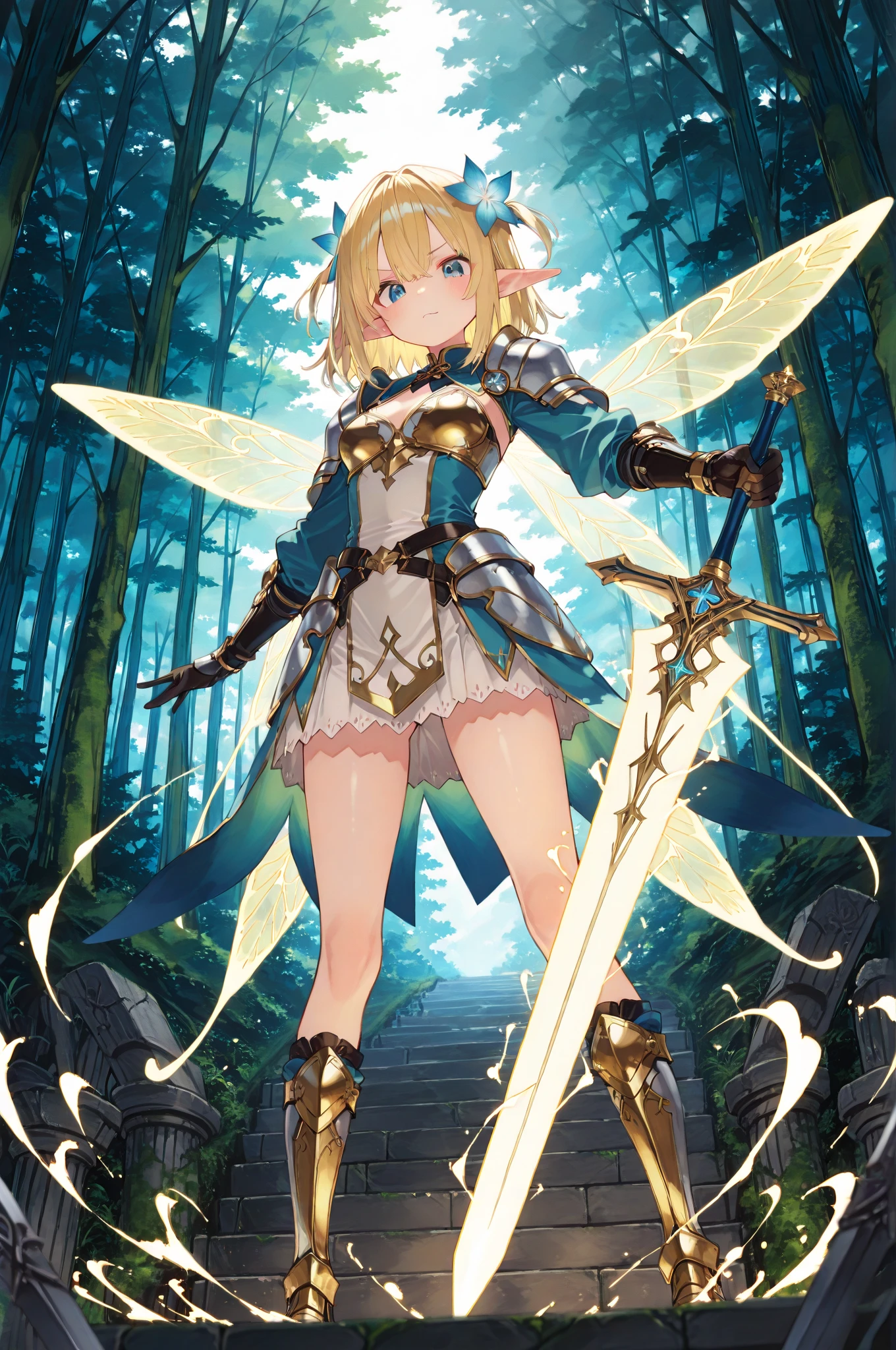 asunayuuki, With two swords, White combat uniform, Sword Art Online Arisesion, Red strokes that simulate the speed of the character, Battle Mode, (Ultra-realistic), {extremely detailed 8k CG unit wallpaper}, Vast landscape photos, (A central view that prioritizes the entire character, (Wide Open Field View), (low angle shot), (highlight: 1.5), (low illuminance: 1.0), (Warm light source: 1.0), intricate-detail, (Iridescent colors: 1.5), (Bright lighting), (Atmospheric lighting), Sword Art Online, Dreamy, Anime、(Best Quality: 1.3), 8K, (masutepiece: 1.3), Ultra High Resolution, 1 girl, Extra huge, Oversize, (Sword: 1.5), open stance, Dynamic Attack Action Pose, slush, attack action, (speeding) Girl moving in the sky at high speed, (slow motion:1.3), (Motion Blur:1.3), (SPEEDLINE:1.4), Sense of speed, elf, (White armor), (forest), Blonde, (Full body: 1.4), Cute face, Medium Hair, 18 years old,