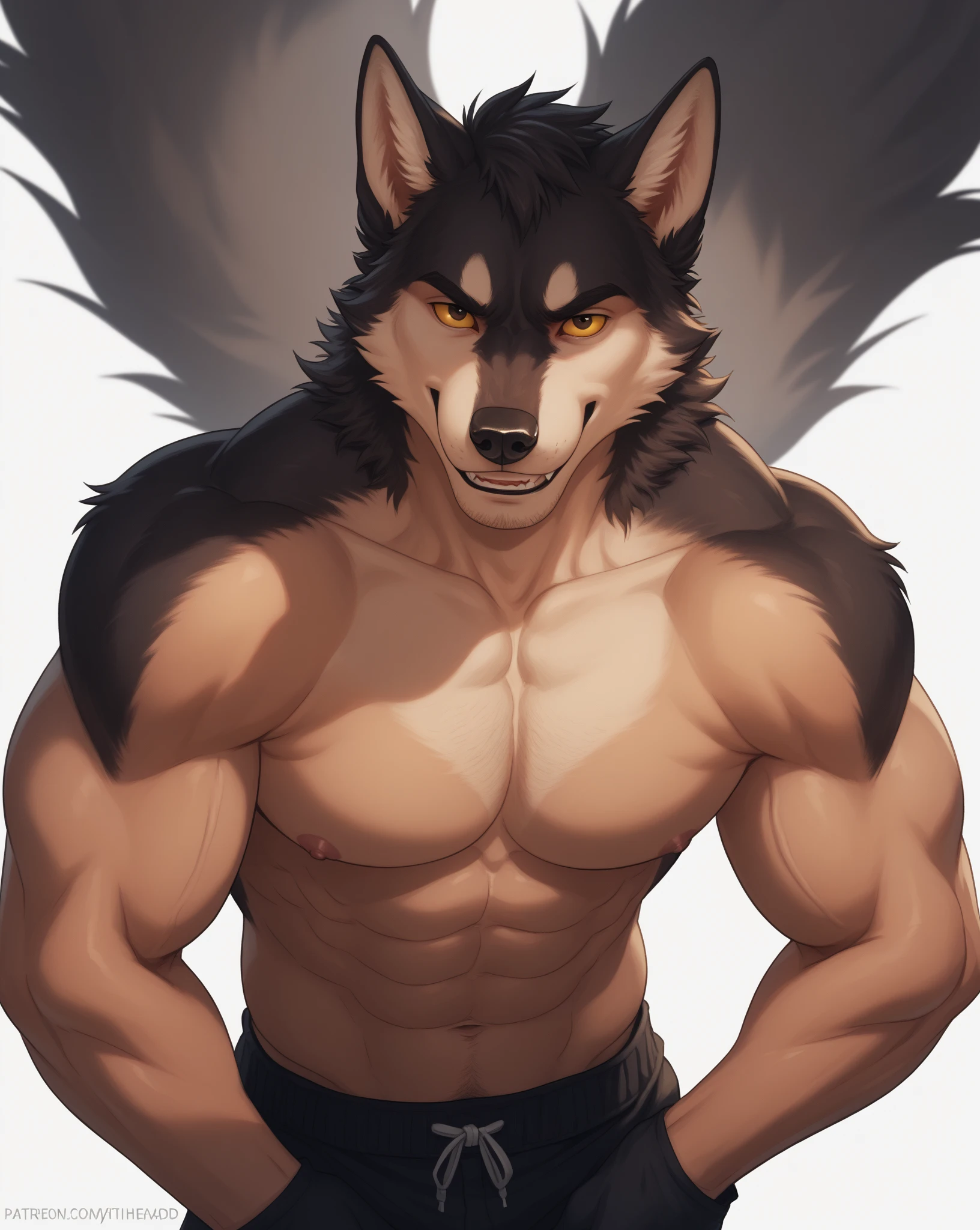 Masterpieces, furry, male, Anthropomorphic, black wolf, veiny, thin body, slender body type, twink, Delicate eyes, goatee, grizzled fur, glistening body, terrorist, DILF, depth of field, perfect lighting, (best quality),(masterpiece),(ultra detailed), sharp focus, detailed wasteland background, shirtless, black nipples, fierce look, scars, black gloves, tight black pants, red headband, hairy furry armpits, raise an arm pose, tattoo, glossy oiled up skin, sweating, wet