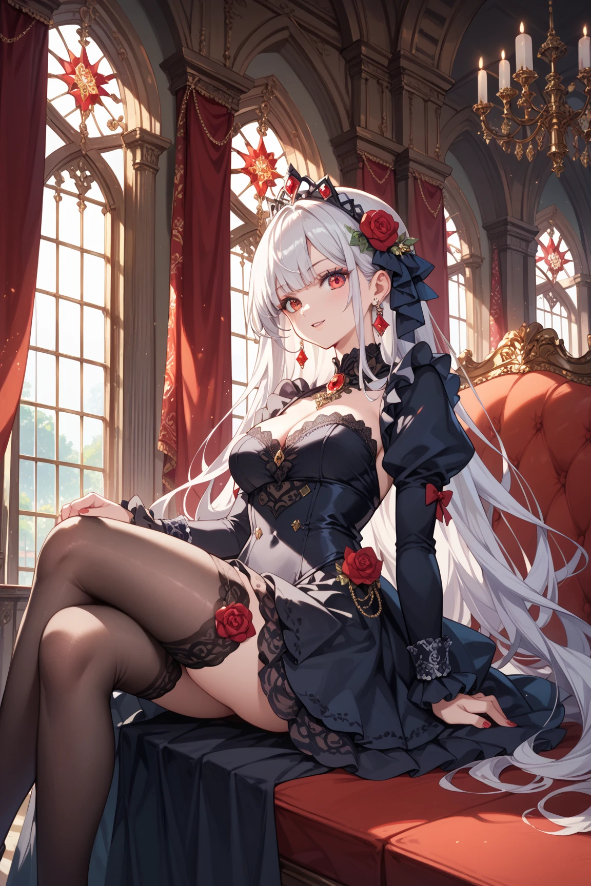 (Extremely detailed CG Unity),Detailed clothes, masterpiece, extremely delicate and beautiful, full body photo, 1 girl, sitting position, Obsessed,Curvy curly hair, Beautiful and delicate eyes,red eyes, lace up pantyhose,Floral fragrance,succubus horn