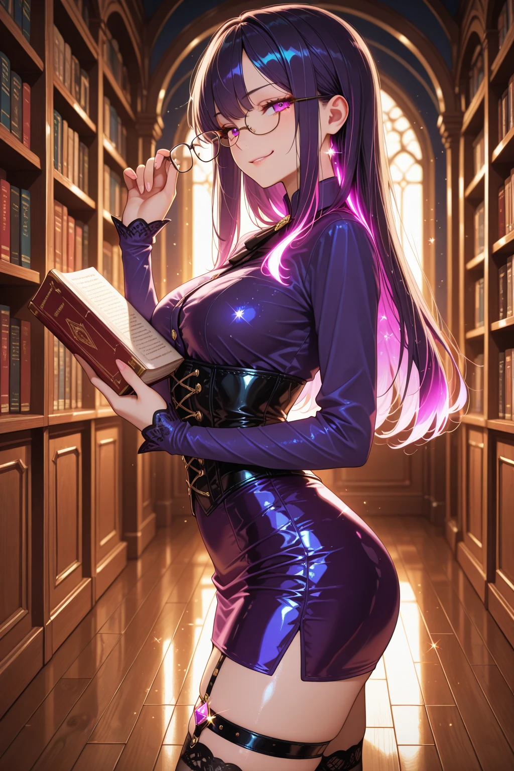A pink haired woman with violet eyes with an hourglass figure in a rockabilly dress is holding a pencil in a creepy library