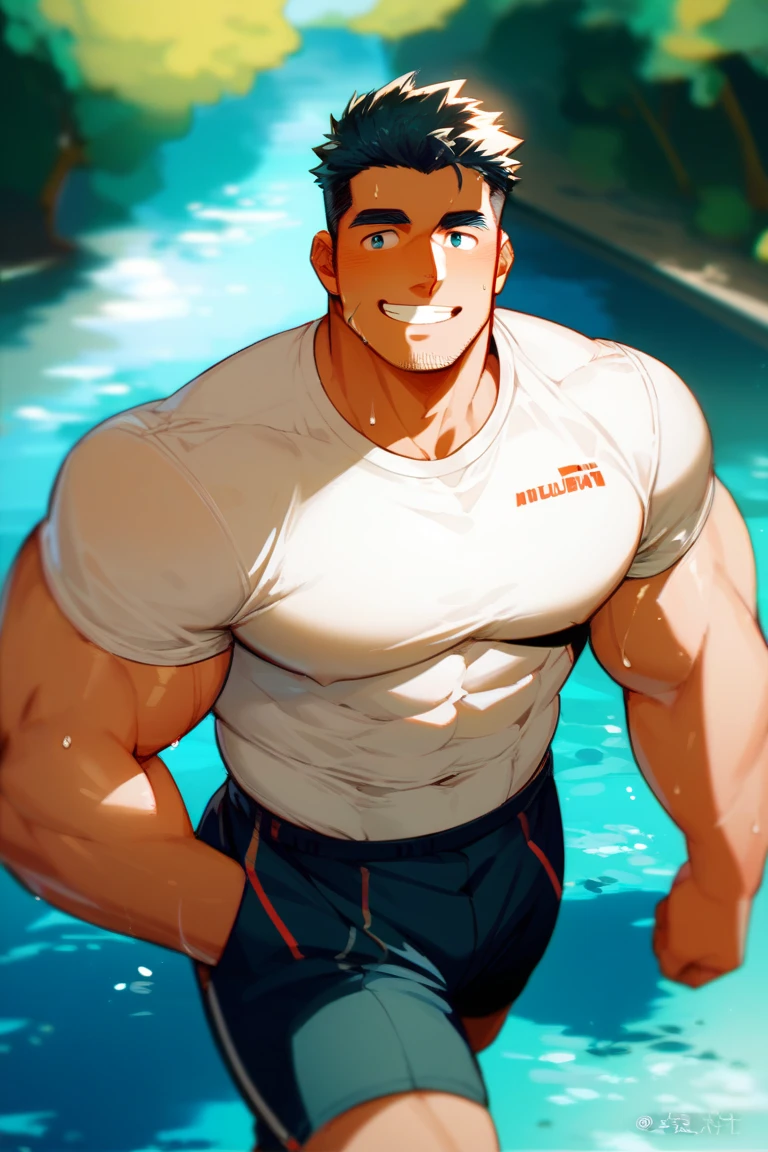 best quality, masterpiece, amazing details, (handsome dark skinned muscular young man with curly brown hair), tiny low rise blue speedos, bulge, penis outline, climbing out of hotel resort swimming pool, wet body, dripping wet, perfect fingers, no watermark, no logo, no signature