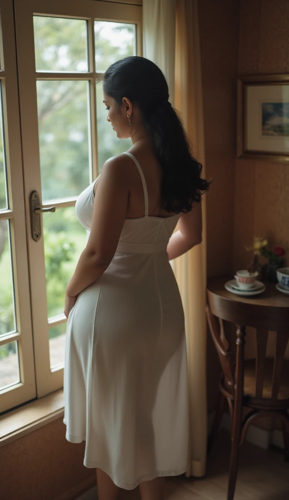 The best wallpaper, Award-Winning Wallpaper, portrait photography, on back, there is a portrait of a beautiful 35 year old married Indian woman, healthy, With curves, long hair, black, plain and casual, backless, usando um top transparente backless com uma saia longa transparente sem roupa interior, back view photo, whole body, Shot with Canon EOS R5, Set a strong contrast that accentuates the subject, casual heels in fashion, beautiful background on the village balcony