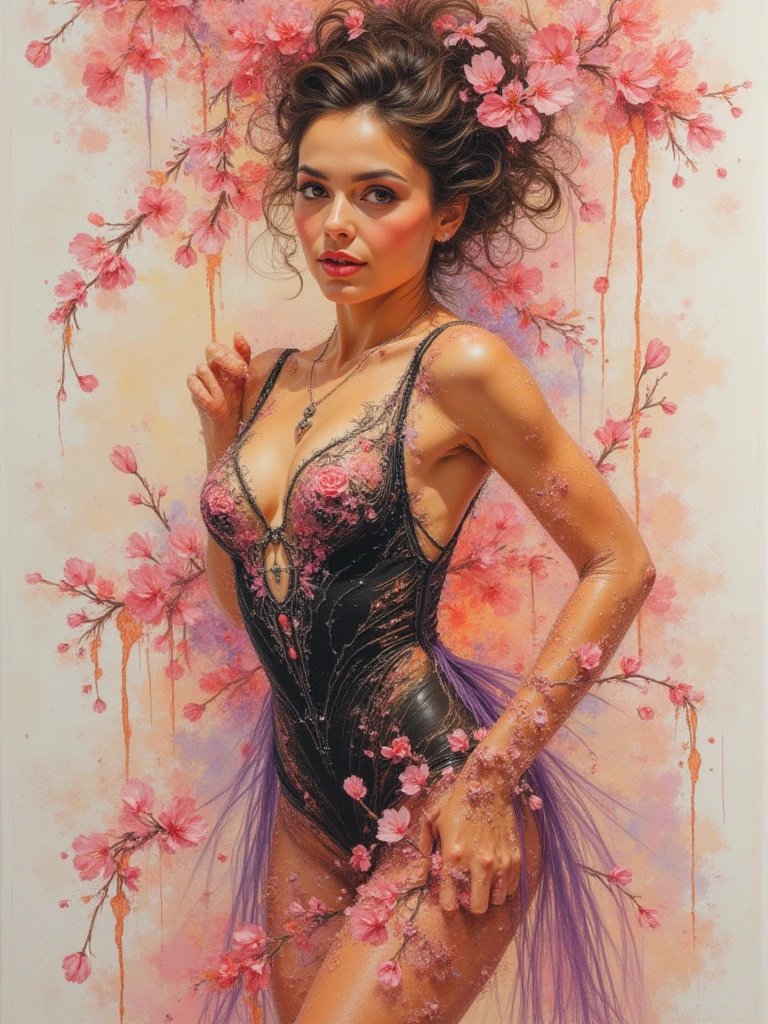 A beautiful European woman, nude, (naked), design vector, 8K, hyper HD, Albino girl standing, (nude), shot from far away, (large eyes, Eyes are delicate and beautiful, Beautiful and delicate face, Details on the face), ( with black curled hair:1.3) , pink rose bush, winking, white background, Complicated details, coloured background, Abstract, (pubic hair, hairy pussy, hairy vulva), (small saggy breasts), ((full body and face painting), bare feet