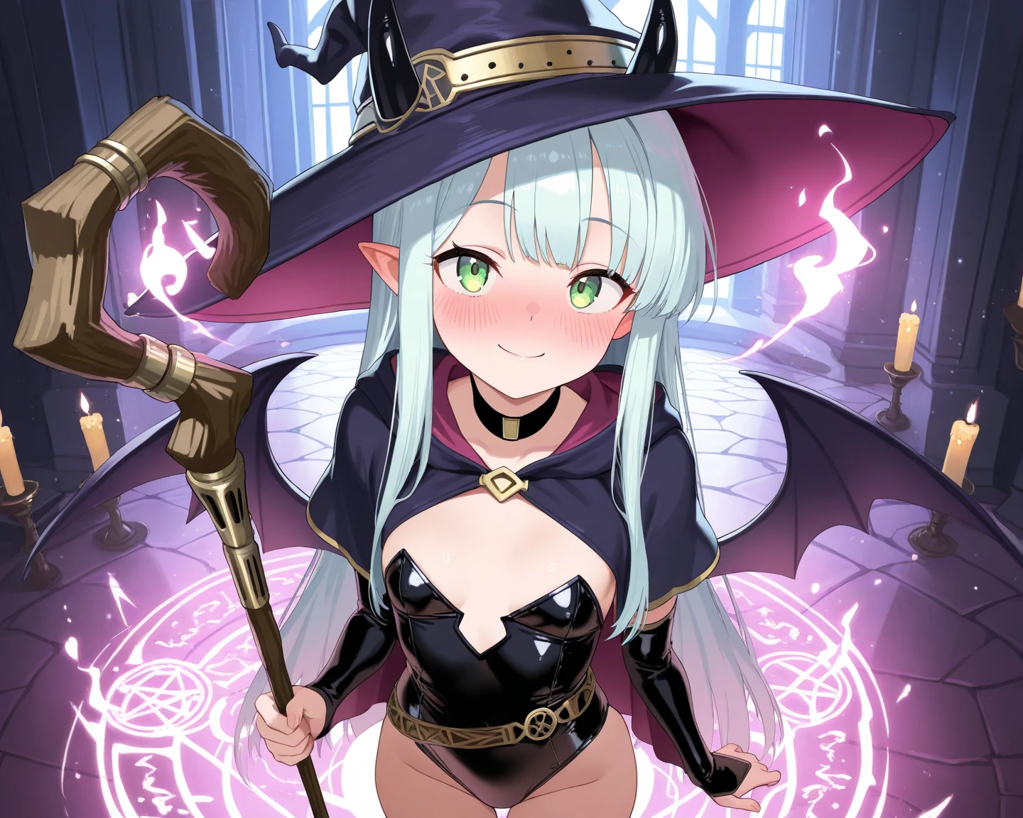 high quality, good quality, perfect quality, amazing quality, high res, masterpiece, score_9, score_8_up, score_7_up, source_anime, best quality, juniperactias, black thighhighs, black gloves::2, <lora:Shuuko:1> shuuko, black sclera, green eyes, witch outfit, witch hat, smug, smirk, holding potion, witch, witch girl, witch dress, 1girl, solo, solo focus
