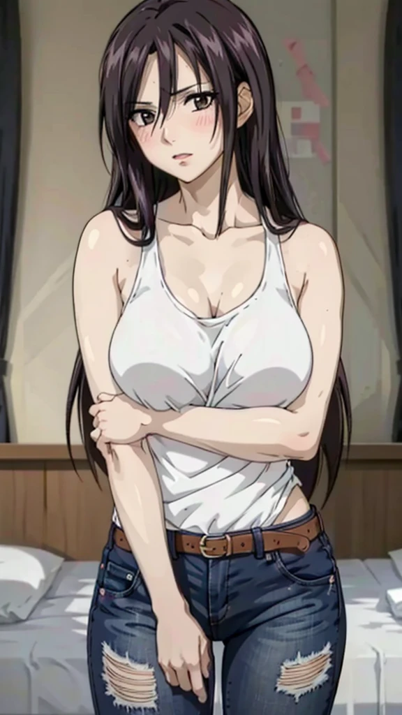 (((masterpiece))), (((best quality))), ((ultra-detailed)), (highly detailed CG illustration), Boa Hancock, (nsfw:1.4), (masterpiece:1.5), Detailed Photo, Smiling, Sexy, (Best Quality: 1.4), (1girl), Beautiful Face, (Black Hair, long Hair: 1.3), Beautiful Hairstyle, beautiful detail eyes, (realistic skin), beautiful skin, absurd, attractive, ultra high resolution, high definition, (sexually aroused:1.5), Pinkish white skin, cool white light, sexy pose, Beautiful , white background, pink soft white light, Wear a white tank top, (horny:1.4), (drunk:1.4), red face, (bukkake:1.8), Stick out tongue