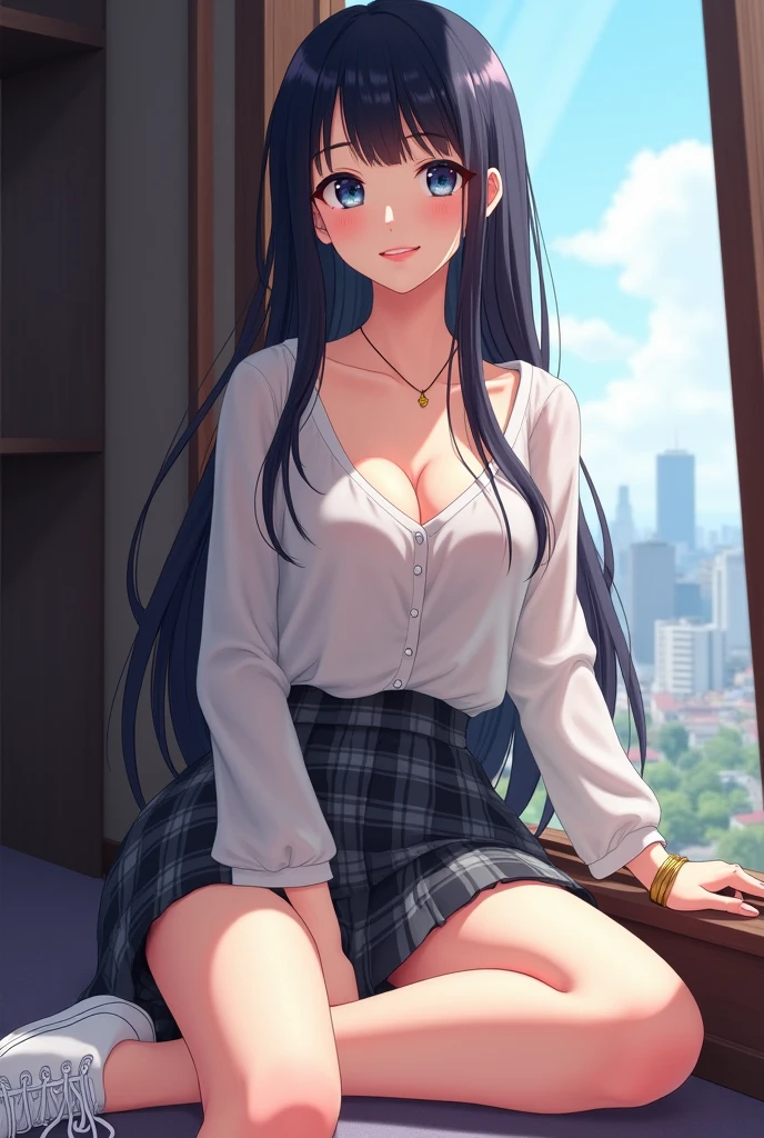 anime woman with long black hair and blue eyes, with a small shirt and a slightly short skirt, big thighs and big breasts, a low-cut top on her shirt sitting next to me on the bus seat with one hand between her legs and the other fixing her hair smiling with her eyes closed at me