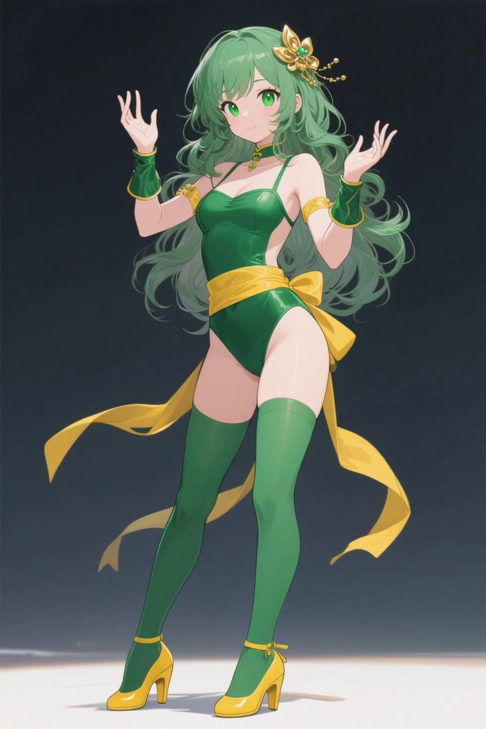 1girl, zodiac_mallow, solo, lovely small breasts, solo, green hair, long hair, twintails, headband , pink flower in hair, green eyes, looking at viewer, dark skin, head tilt,smile, parted lips(teeth), nose blush, blush,dark skin, nude,black tight dress(see-through), long dress, cleavage,black heels, in the castle, standing,spread legs, Full-body