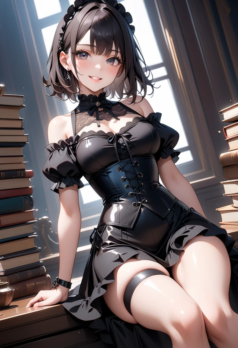 detailed description, high quality, Precise human body structure, Accurate2Book Arm, Accurate5本の指, black cat beauty, 30 years old, erotic, Cat ear, Huge overflowing breasts, bangs, black hair, short hair, blue eyes, Shiny black leather lingerie, corset with many thin strings, toned muscular body, Tucked underwear,
