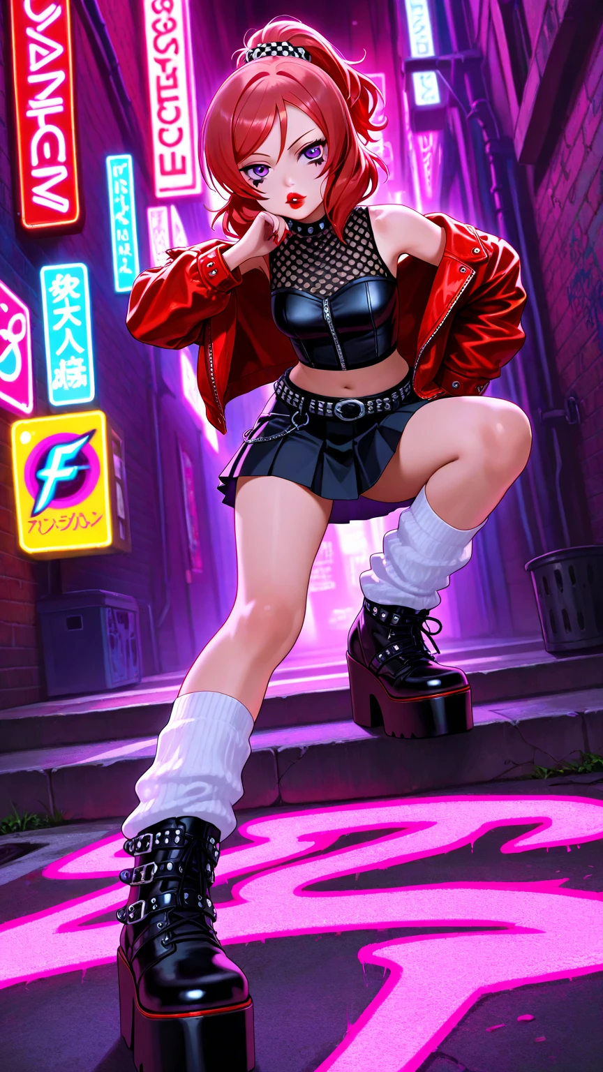 El personaje (((avril lavigne))), ((Super Bodybuilder)), (( REINA)), ((thick muscles)), ((senos copa H)), ((piel clara)), ((21 years)), (very round buttocks), ((piel perfecta)), 1 chico, Solo, chica, de cerca, futuristic Russian REINA outfit, The scene on the streets of cyberpunk Moscow as winter prepares to begin.