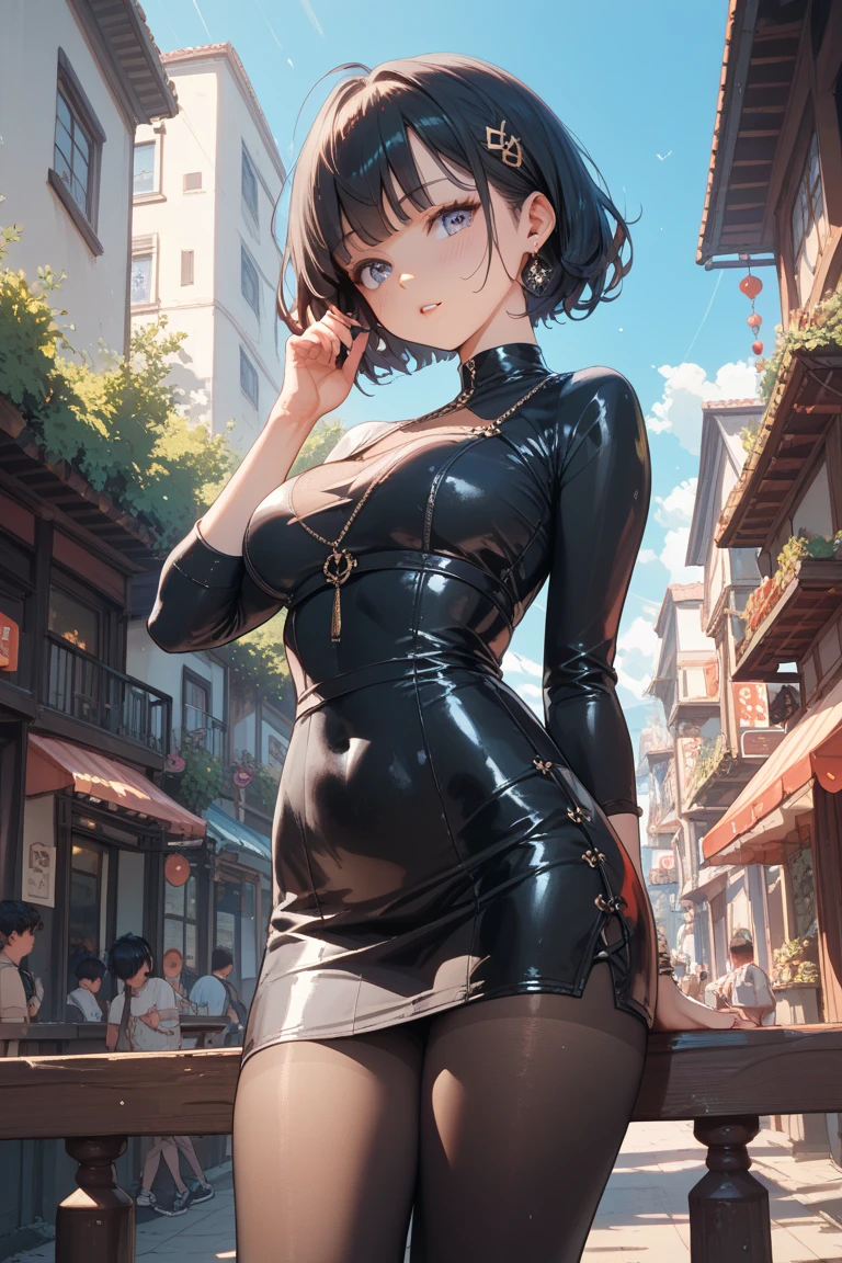 (((In the city))), ((Fashion Model), (((Black Leather Jacket))), (skirt), (pantyhose), corset costume)), , ((Shiny Costumes)), skindentation, skinny, solo, 1 woman, Masterpiece, highest quality, highest quality, 16K, incredibly absurd, highly detailed, 2.5D, ai-generated, delicate and dynamic, very delicate facial expressions, delicate eye depiction, erotic, only sexy woman, ((A cute and kind face)), healthy figure, ((25-year-old woman)), 160cm tall, medium firm swaying bust, Sweat,Embarrassed,sexy, ((thin thighs)),, (camel toe:0.7), , (Erect nipples,:0.7), shiny and lustrous, facing straight at viewer, (((in heat))), ((Oily_skin)), ((Lots of sweat)), (((Brown Skin))), ((dutch angle)), ((erotic pose)), ((City sidewalk in midsummer)),, (((Very dynamic pose))),