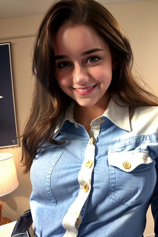 1girl, (uniform_doodle, doodle), Open the buttons on her shirt and reveal her cleavage, outdoors, detailed face, detailed eyes, normal natural breasts, shiny skin, wearing sexy transparent bra, sexy bra, mini skirt, sexy skirt, looking at the audience, (laughing cute: 1.2), (happy), (8k, RAW photo, best quality, masterpiece: 1.2), (realistic, realistic: 1.37), ultra-high resolution